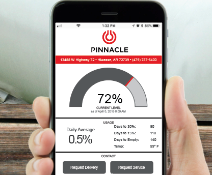 Person holding iPhone with Pinnacle Propane tank monitoring mobile app on the screen