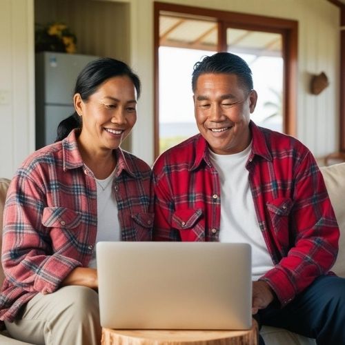 couple looking at FAQ on laptop